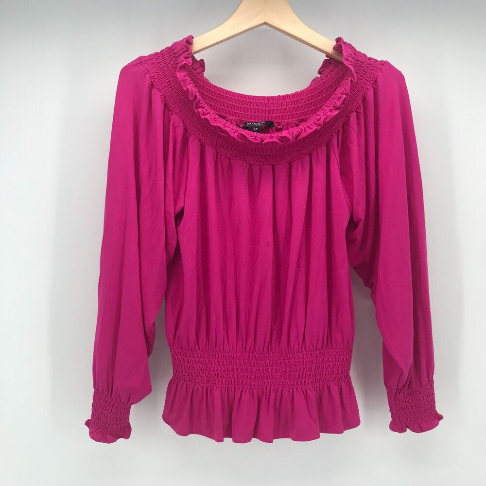 Lauren Ralph Lauren Top Womens Small Pink Peasant Round Neck 3/4 Knit Smocked